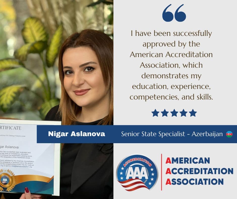 Nigar Aslanova, Senior State Specialist in Azerbaijan, holding her American Accreditation Association certificate as a five-star approved AAA member.