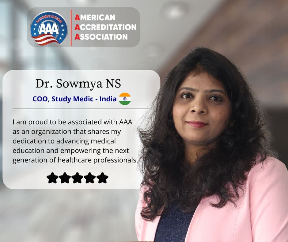 Dr. Sowmya NS, COO of Study Medic in India, sharing a five-star testimonial about her organization's association with the American Accreditation Association.